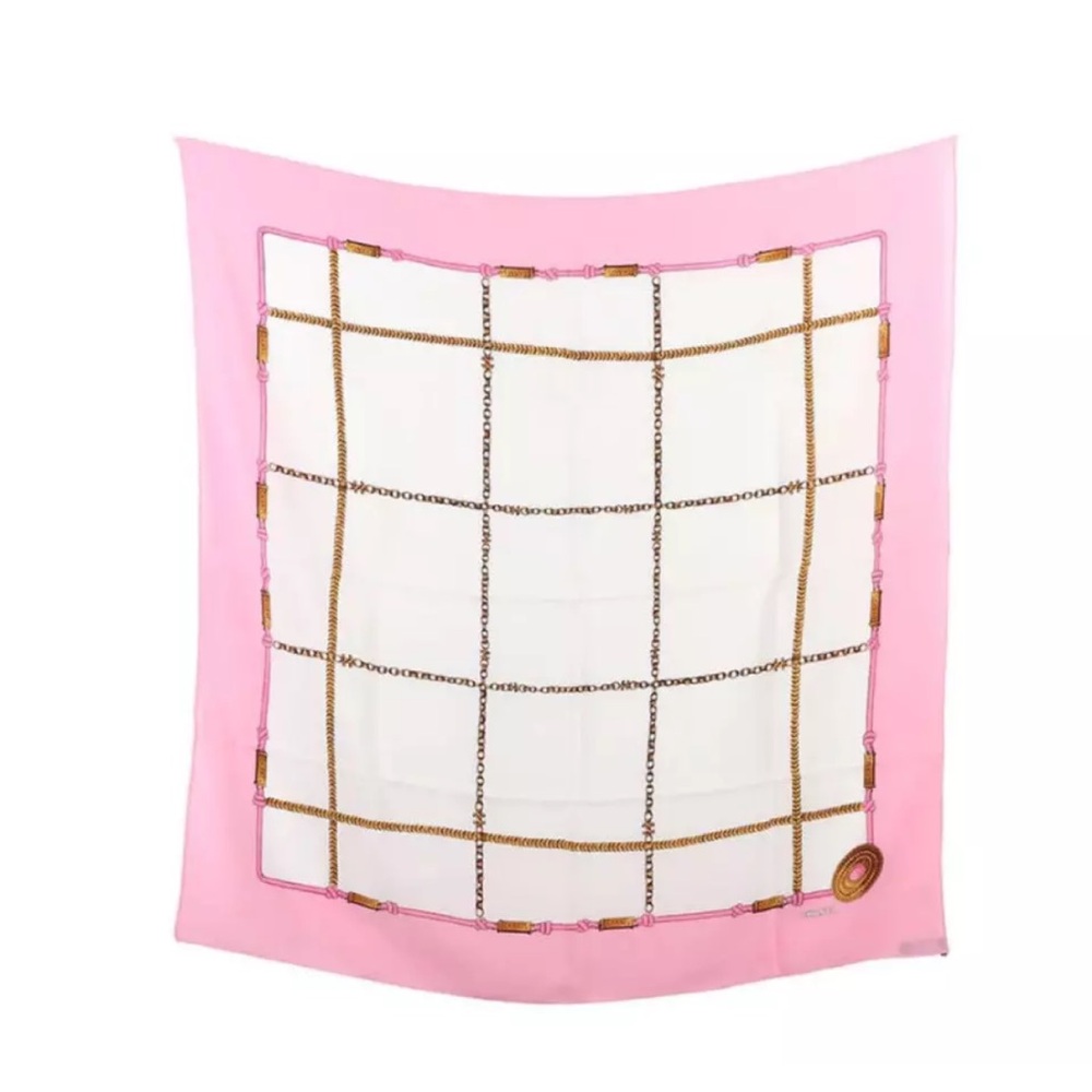 CHANEL Pink White Gold Chain Silk Scarf EUC